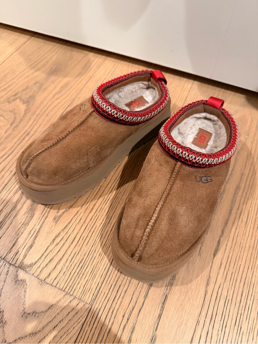 UGG Chestnut Suede Mule Slippers with Red Trim